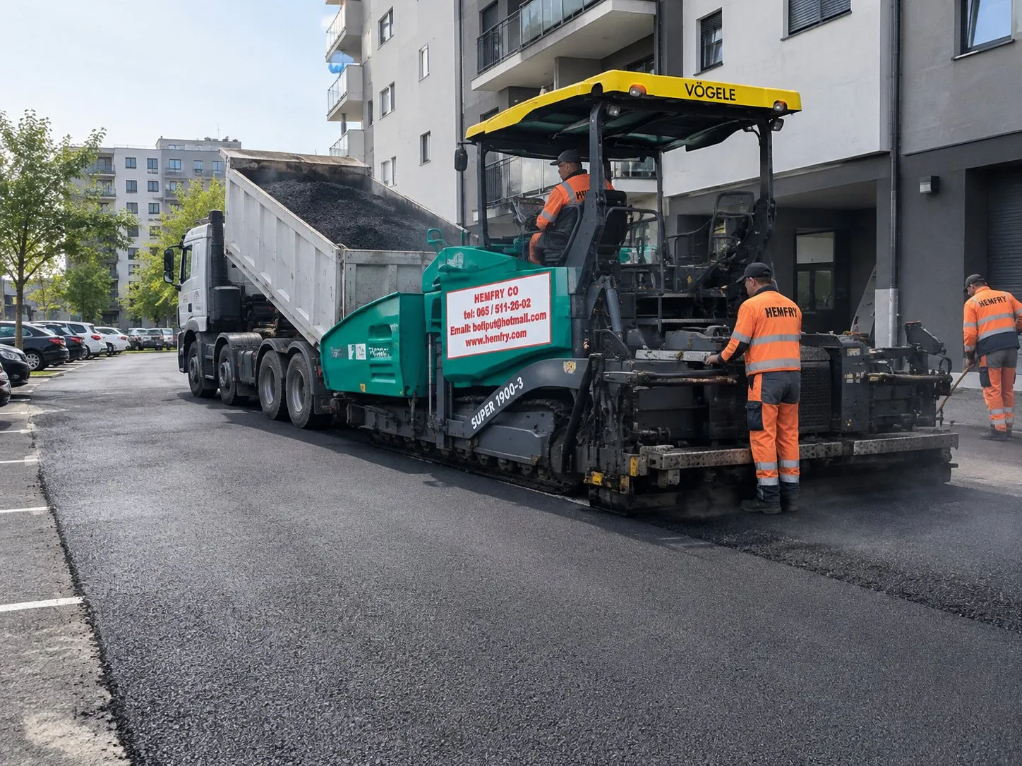 Finišer Vögele Hemfry ugrađuje asfalt na parkingu uz stambenu zgradu